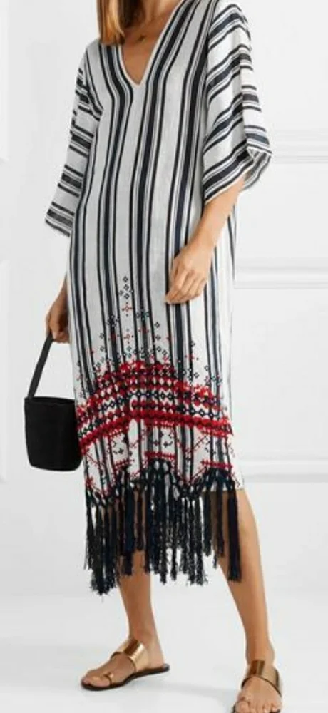 Tory Burch White and Black Striped Maxi Dress with Red Embroidered Hem